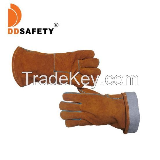 DDsafety 15+years low-cost manufacturer Aramid fiber stitching outside Suede Cowhide Leather Gold yellow Cow split welder gloves