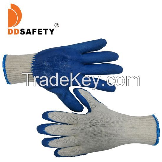 DDsafety 77+countries low-cost manufacturer gloves. OEM for industrial/home/construction 10 gauge economic natural T/C shell.With blue latex smooth finished.