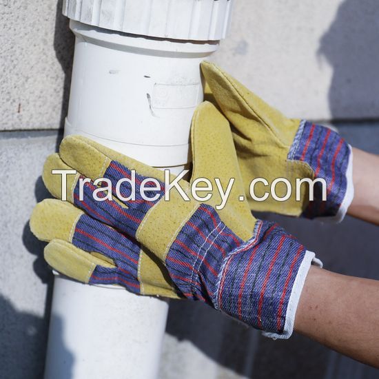 DDsafety Pig split leather gloves Stripe cotton back glove Half lining pasted cuff gloves OEM products for industrial/home/construction.CE/ISO standards