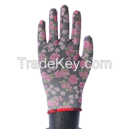 DDsafety 13 Gauge Red Flower Design Nylon Liner. Knit Wrist. White PU Coated on Palm/Finger Non-Slip Glove OEM products CE/ISO standards
