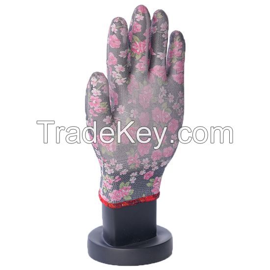 DDsafety 13 Gauge Red Flower Design Nylon Liner. Knit Wrist. White PU Coated on Palm/Finger Non-Slip Glove OEM products CE/ISO standards