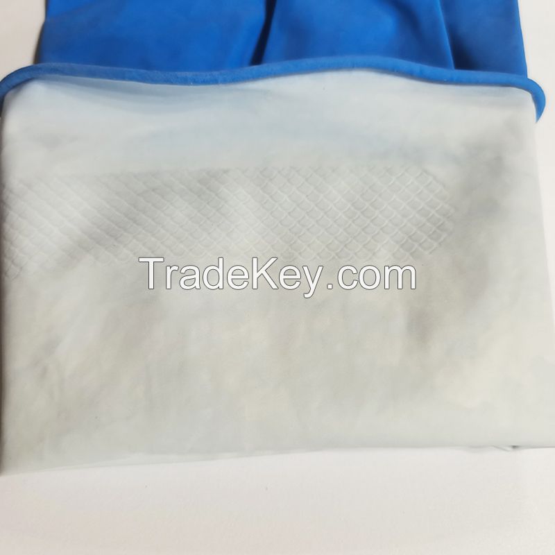 Blue Latex Household Gloves with Silver Straight Cuff Custom Logo Dish-Washing Cleaning
