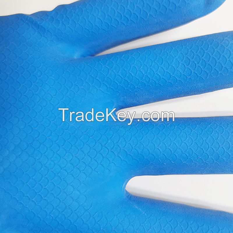 Blue Latex Household Gloves with Silver Straight Cuff Custom Logo Dish-Washing Cleaning