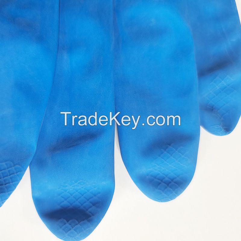 Blue Latex Household Gloves with Silver Straight Cuff Custom Logo Dish-Washing Cleaning