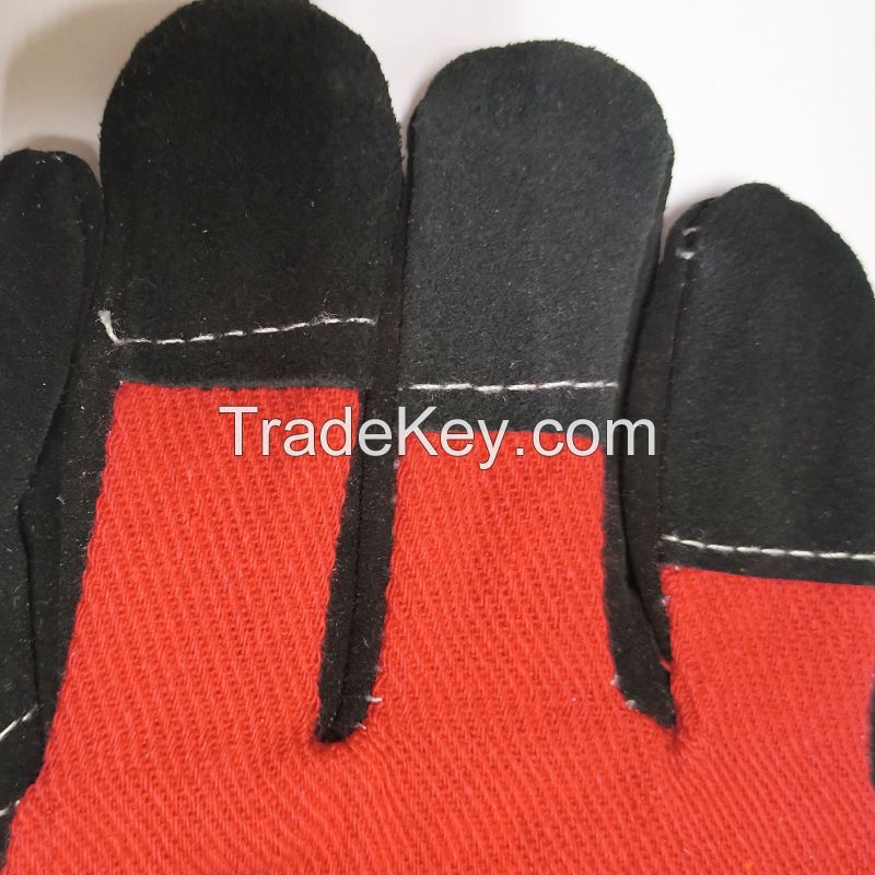 ABC SAFETY Black Cow Split Leather Full Palm Red Cotton Back Rubberized Cuff Work Gloves