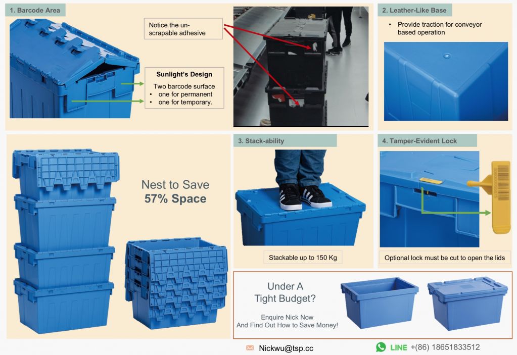 [All Dimensions Available] Attached-Lid Nestable Crates / Container