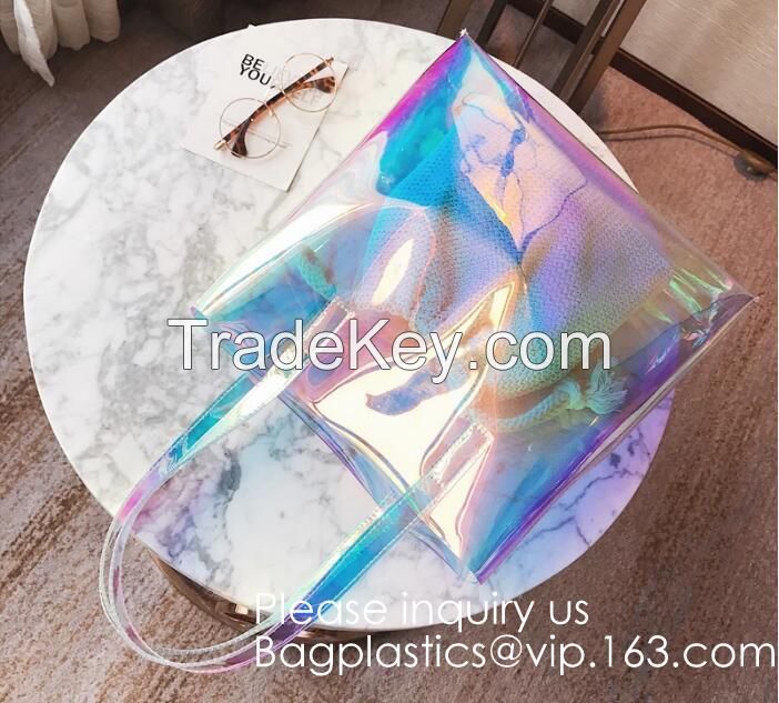 HOLOGRAPHIC NEON TOTE PVC BAG,VINYL SHOPPING SHOPPER,TOILETRY BIKINI SWIMWEAR BEACHWEAR WOMAN BAG