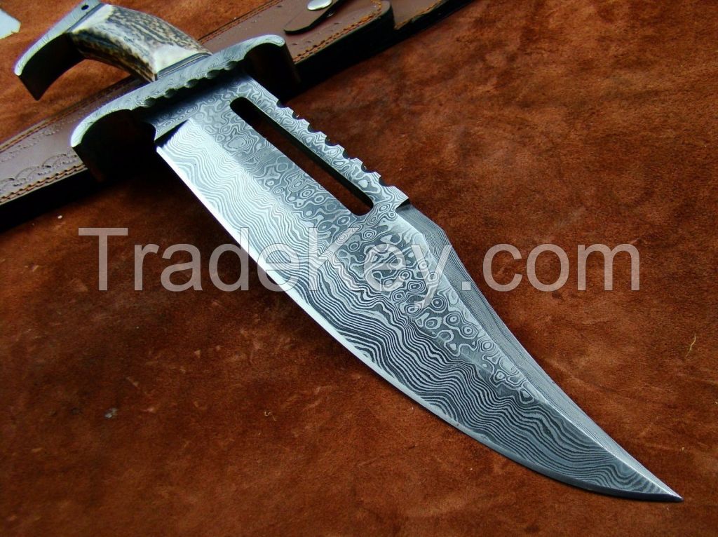 DEER ANTLER BEAUTIFUL-CUSTOM-HAND-MADE-DAMASCUS STEEL HUNTING BOWIE KNIFE .