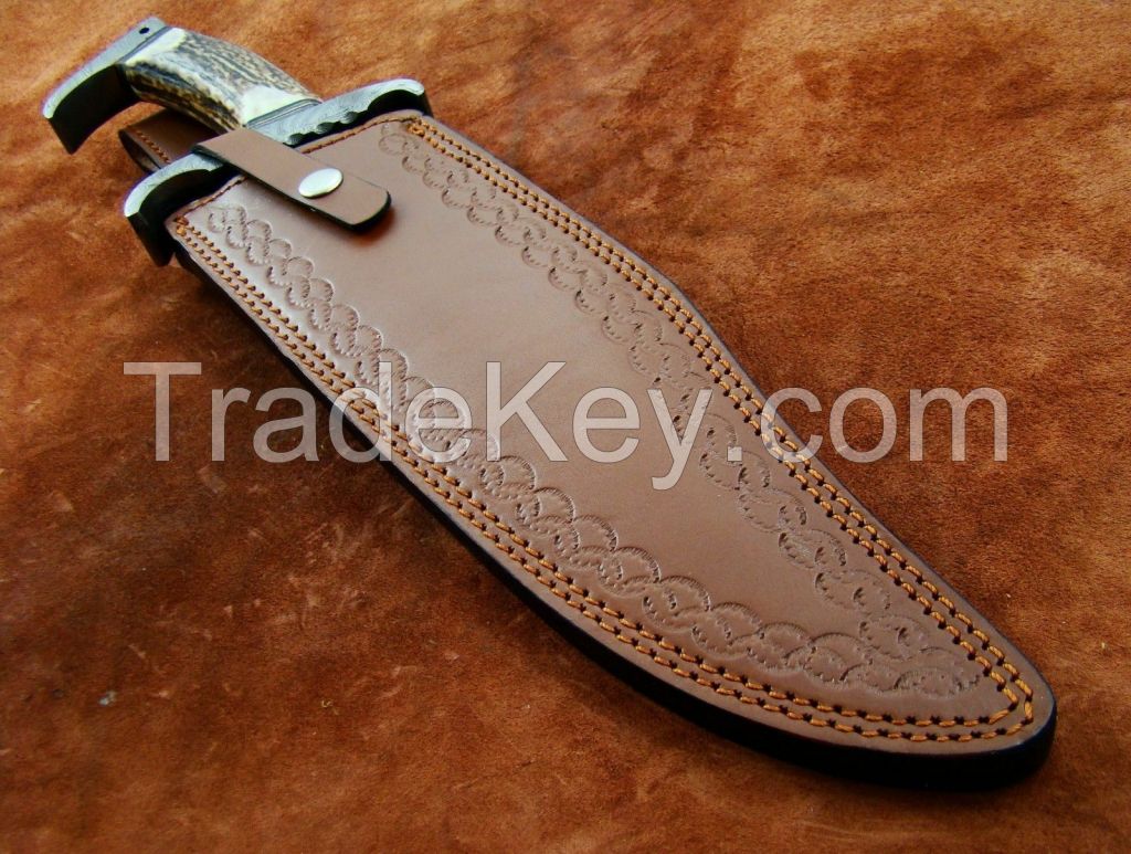 DEER ANTLER BEAUTIFUL-CUSTOM-HAND-MADE-DAMASCUS STEEL HUNTING BOWIE KNIFE .