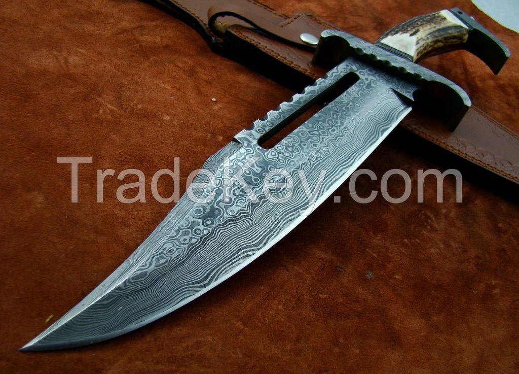 DEER ANTLER BEAUTIFUL-CUSTOM-HAND-MADE-DAMASCUS STEEL HUNTING BOWIE KNIFE .