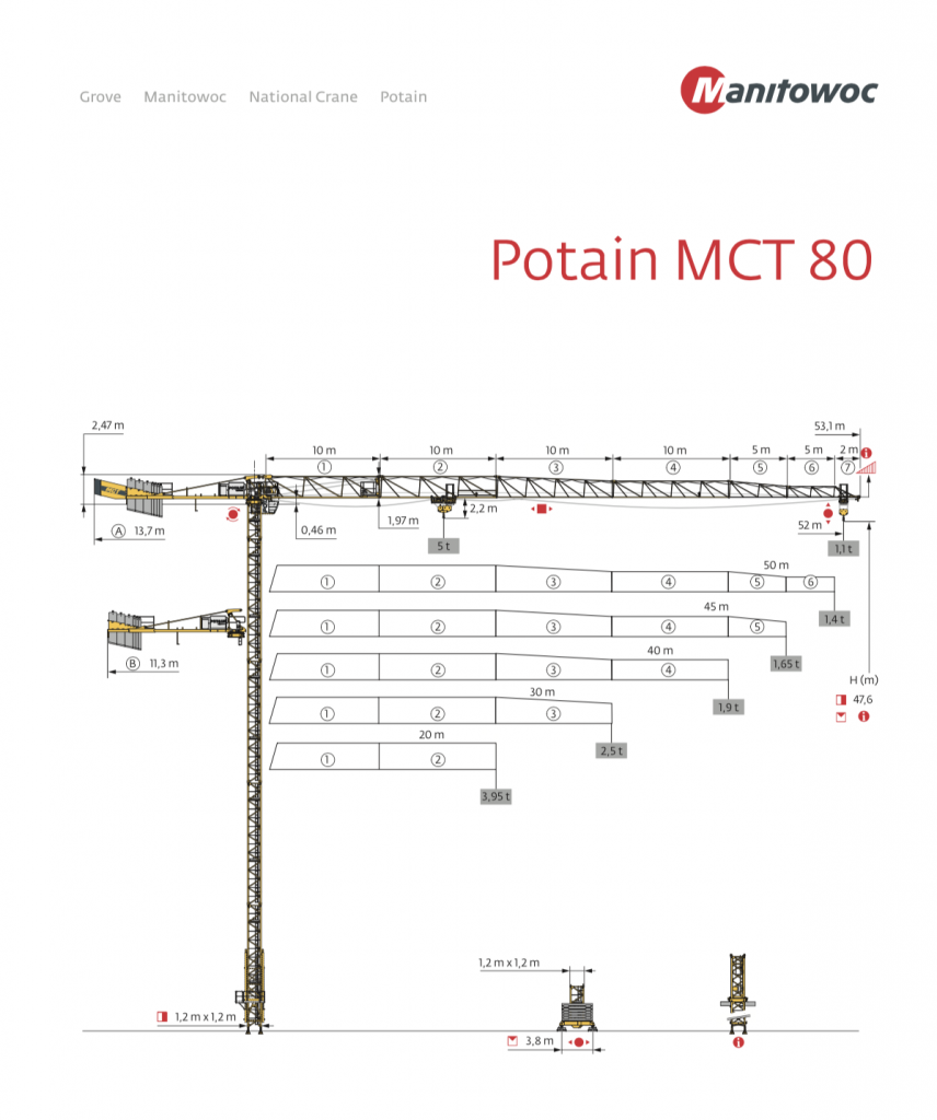 topless tower crane MCT80-5t 50m jib length made in china 