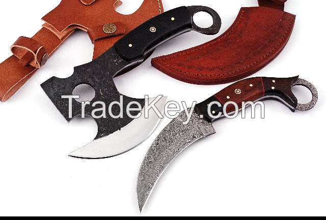 Damascus Steel Hunting Karambit Knife with Mini Carbon Steel Axe Wood Handle file Worked 