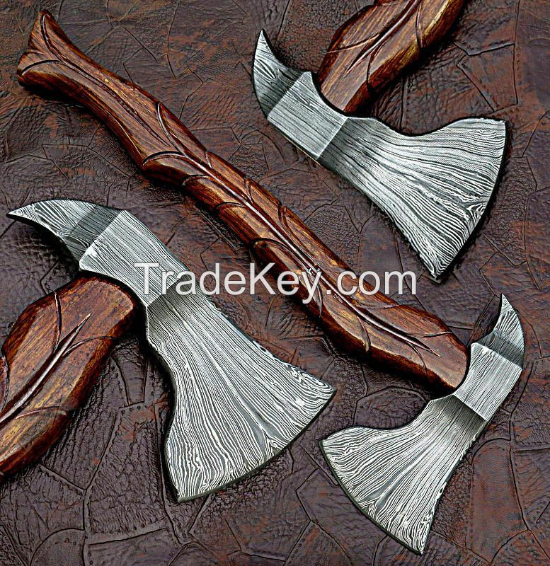 Custom Handmade Damascus Steel Hunting Axe With Beautiful Rose Wood Handle