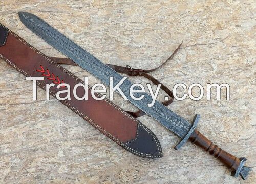 Damascus Steel Knife Handmade -30 Inches Rose Wood Handle Viking Sword