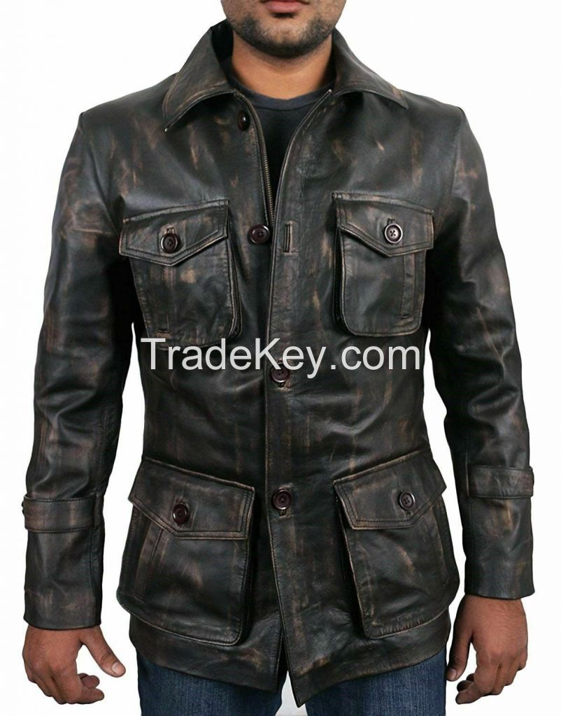 Mens Vintage Distressed Motorcycle Leather Jacket Coat For Men Genuine Leather