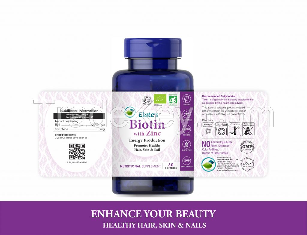 Elate&#039;s Biotin with Zinc For Healthy Hair Skin and Nail