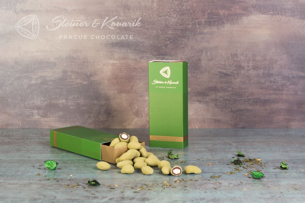 Almonds in dark and white chocolate and matcha