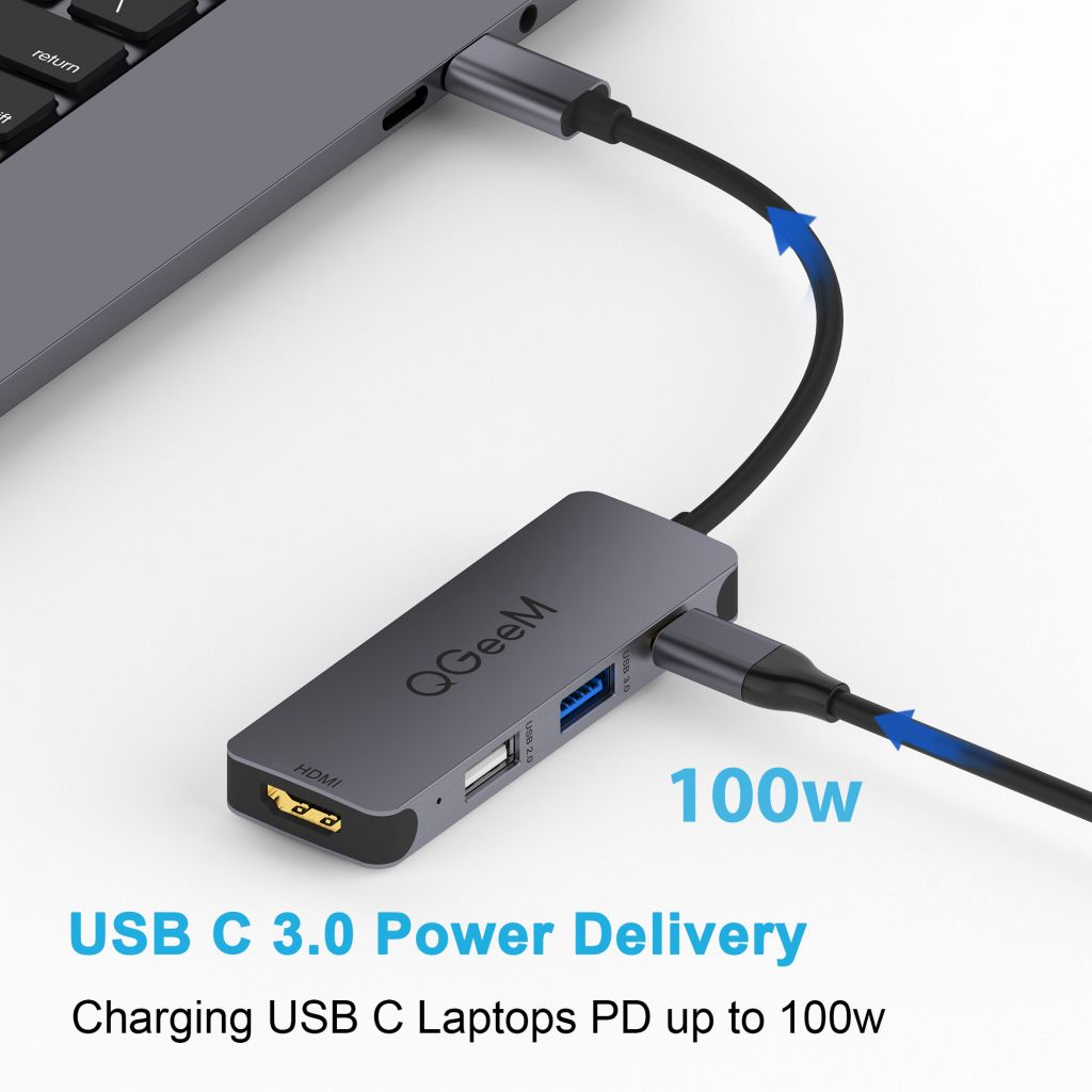 QGeeM USB C Hub, 4-in-1 USB C Adapter with 4K HDMI Output, USB 3.0, 100W PD Charger, USB 2.0, Compatible with MacBook Pro 2019/2018 and Other Type C Devices