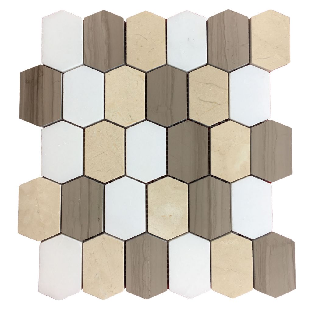 Pure White &amp; Athens Grey &amp; Crema Marfil Long Hexagon Marble Mosaic