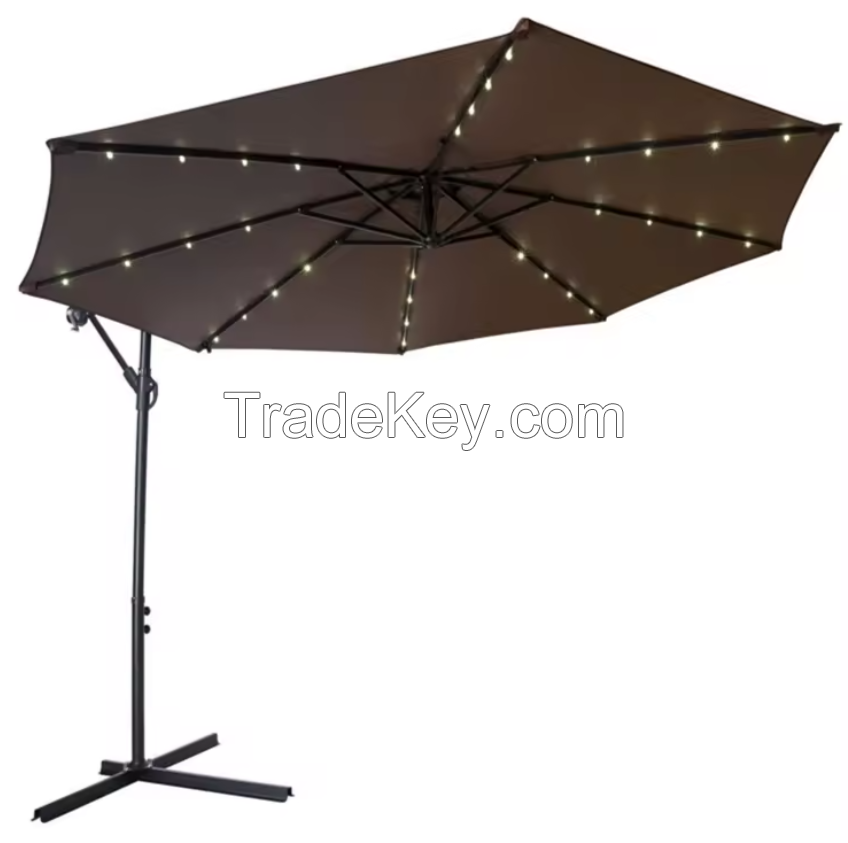 Best Selling Beach Patio Garden Umbrella Solar Panel Parasol Power , Outdoor Led Solar Banana Umbrella With Cross Base For Hotel