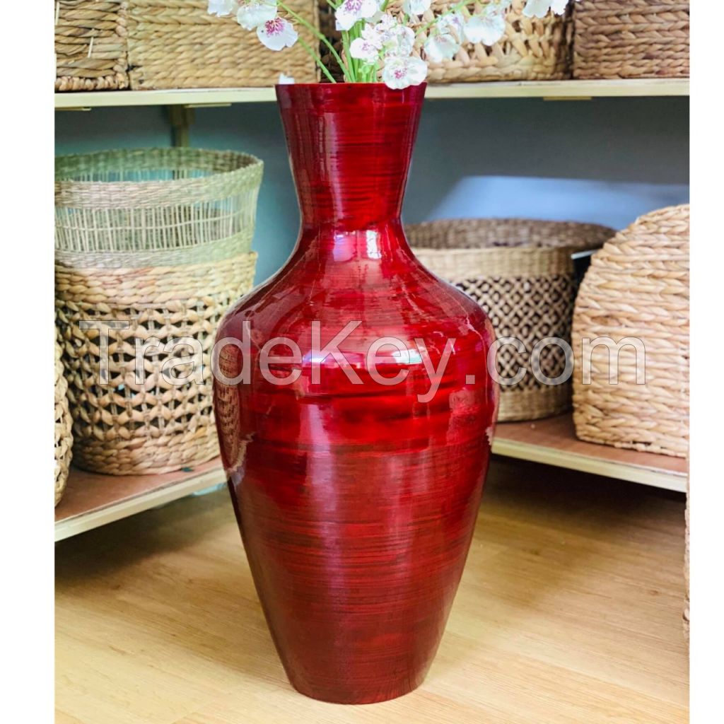 Red tall spun bamboo floor vase