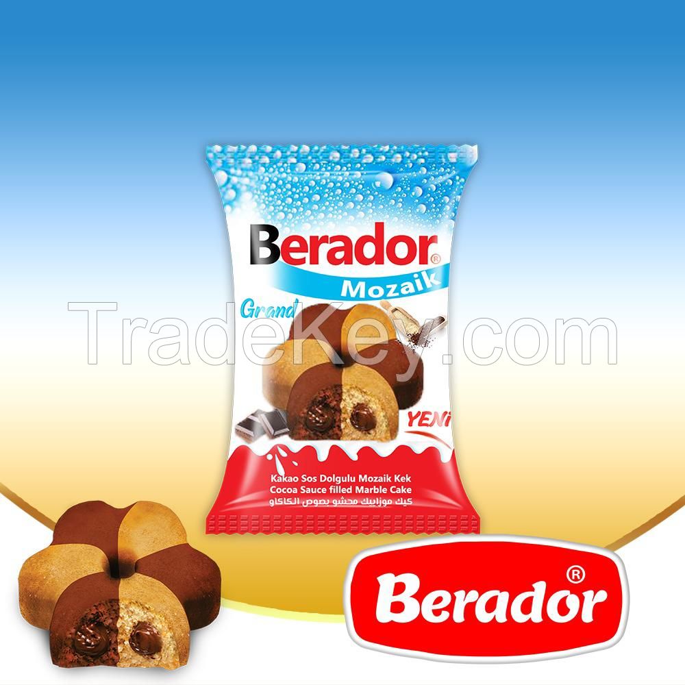 Berador milky white compound chocolate and granut coated cocoa cake with milk sauce