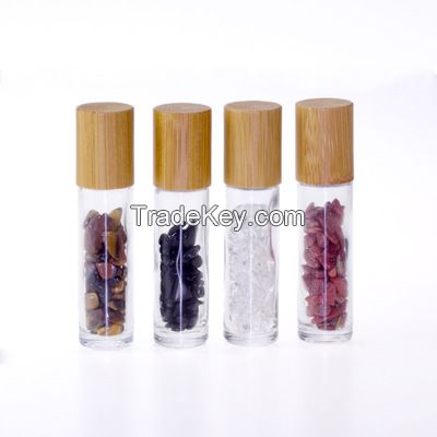 wholesale Luxury 10ml gemstone roller ball empty glass perfume essential oil bottle with bamboo cap 