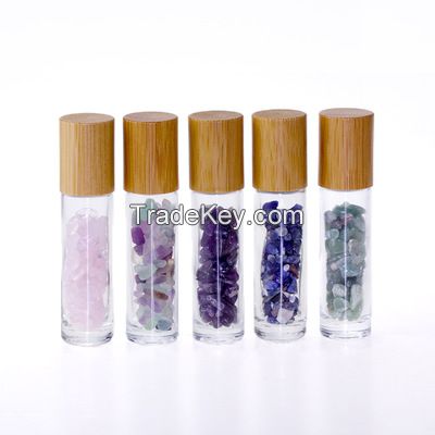 wholesale Luxury 10ml gemstone roller ball empty glass perfume essential oil bottle with bamboo cap 