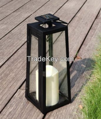 Outdoor Garden Decorative Antique Black Metal Lantern With Plastic Candle Build-in Solar Lantern