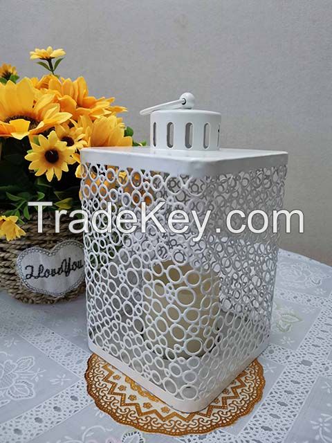 WHITE METAL LANTERN, HOLLOW OUT, WITH 3 INCH LED CANDLE, AMBER FLICKER, CYLINDRICAL