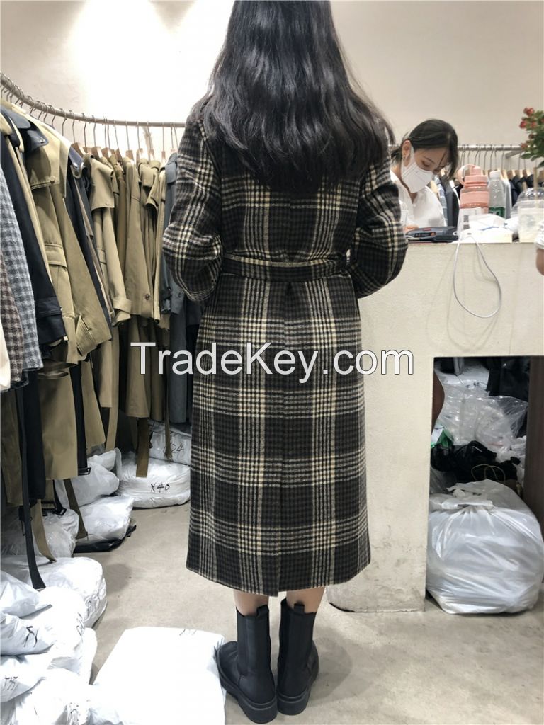 Women's FN high-necked long cotton dress in solid color of 2021 autumn/winter with waist and thick long coat coat