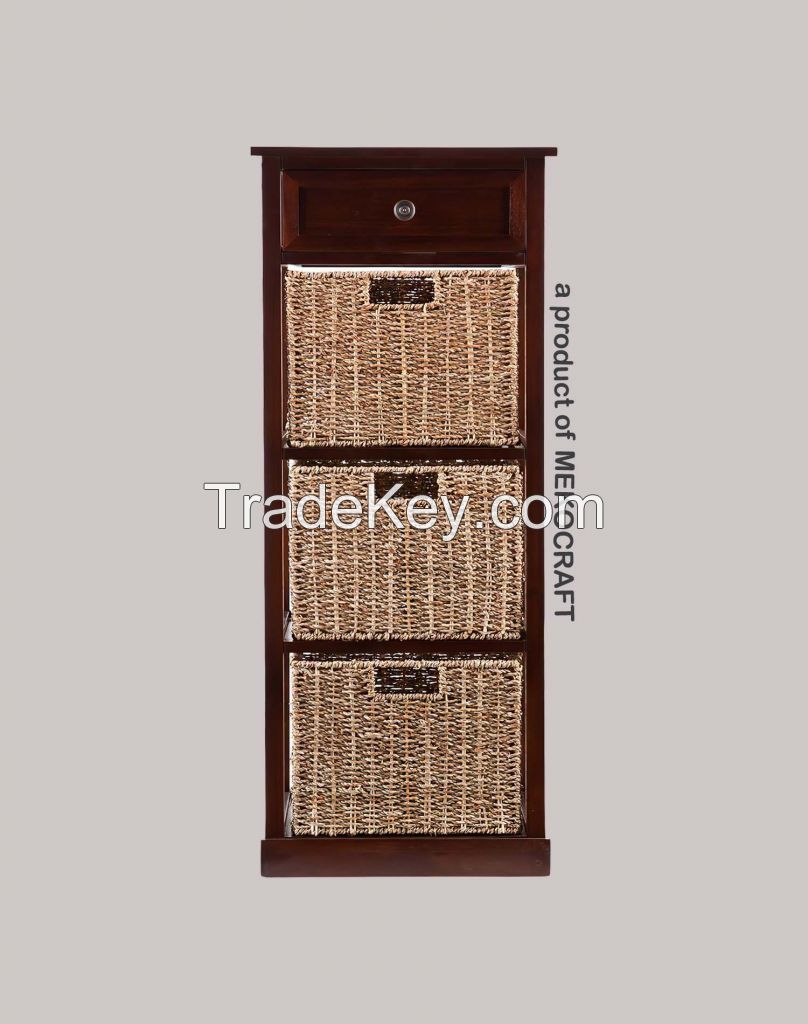 Wooden cabinet with (2) 3 seagrass drawers