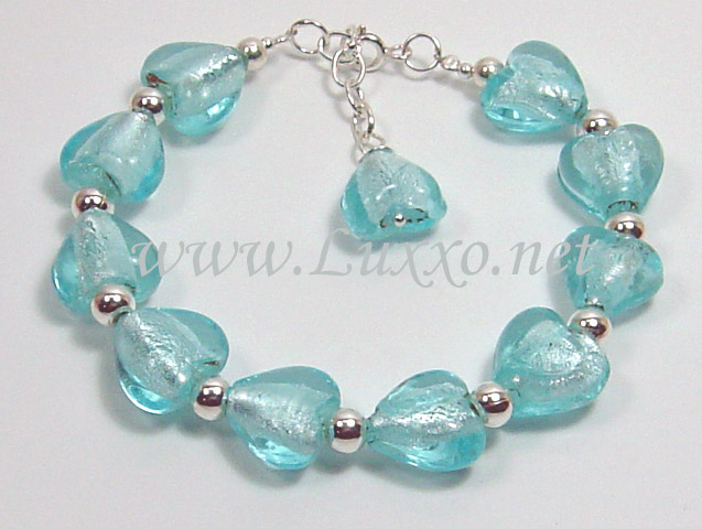 Sterling Silver Murano Glass Lampwork Bracelet in Blue Sky Heart