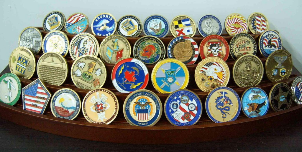 challenge coins on rack