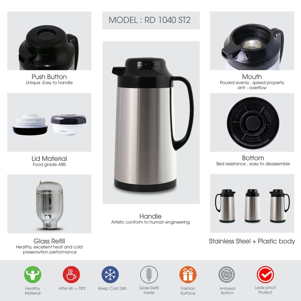 1.0 Liter Stainless Steel Outer Glass Inner Vacuum Flask