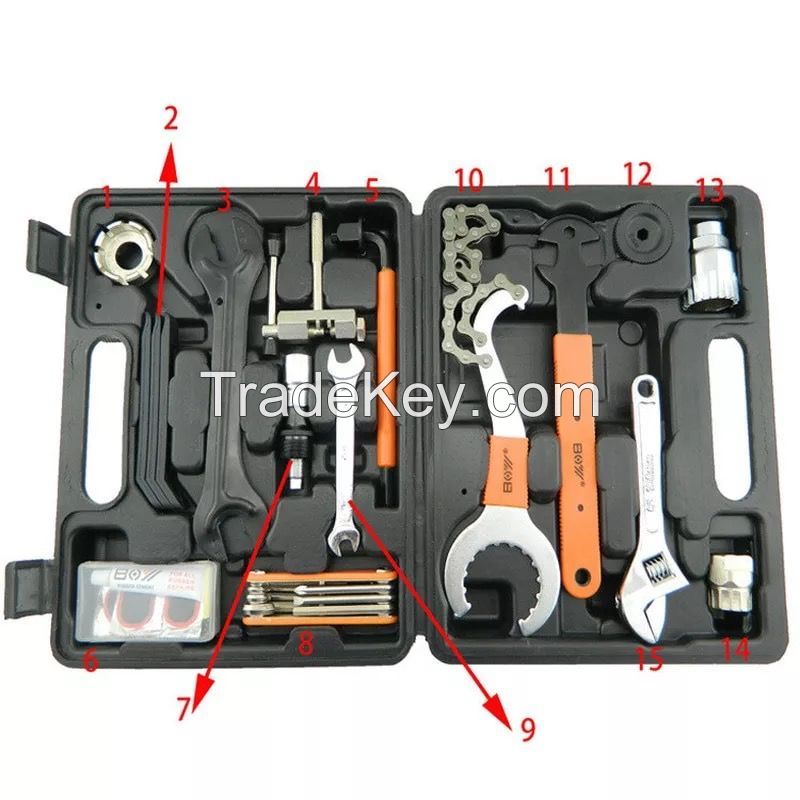 15pcs repair set Multiful Bicycle Tools Kit Portable Bike Repair Tool Box Set Hex Key Wrench Remover Crank Puller Cycling Tools