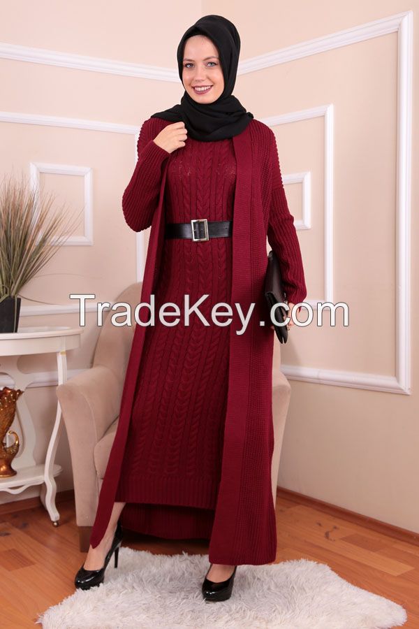  2 Pieces Woman Dress Knitted Suit, Long Cardigan and Maxi dress Muslim Fashion Islamic Winter Clothing Turkey