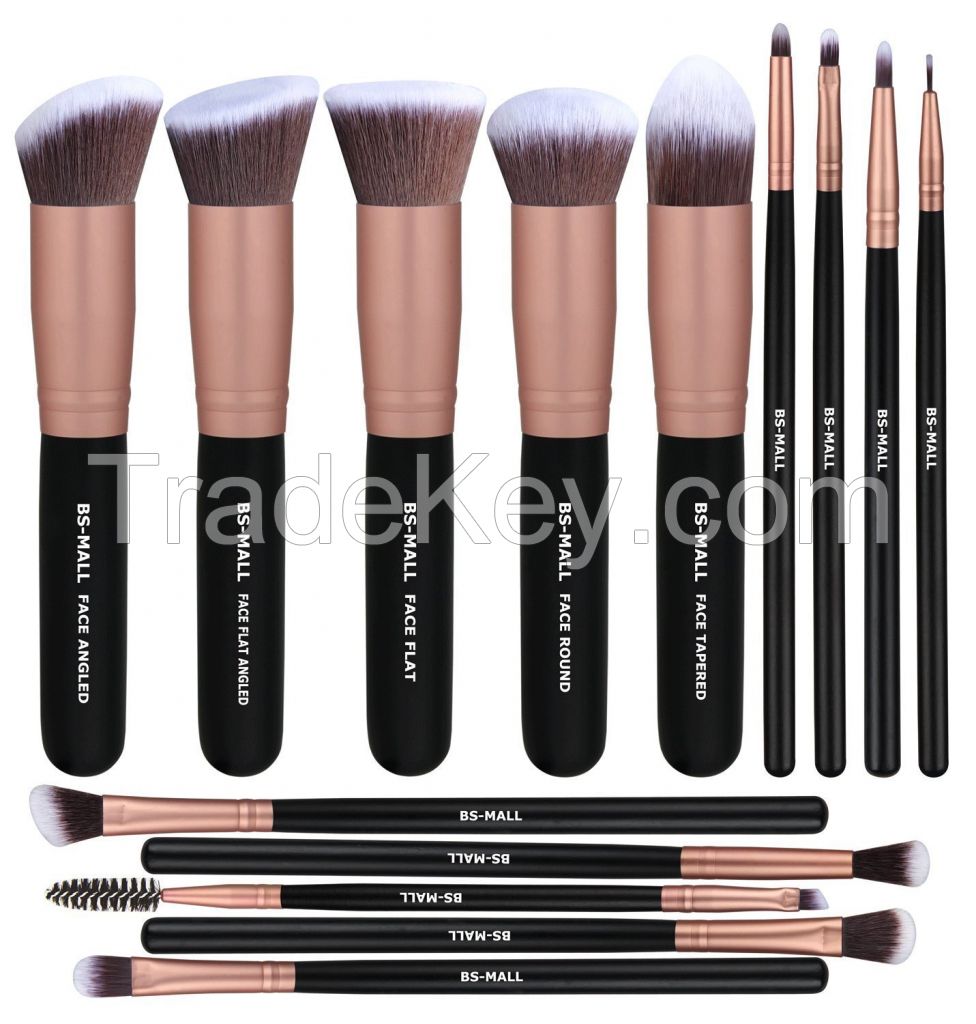 Bs-mall Makeup Brushes Premium Synthetic Foundation Powder Concealers Eye Shadows Makeup 14 Pcs Brush Set, Rose Golden, 1 Count