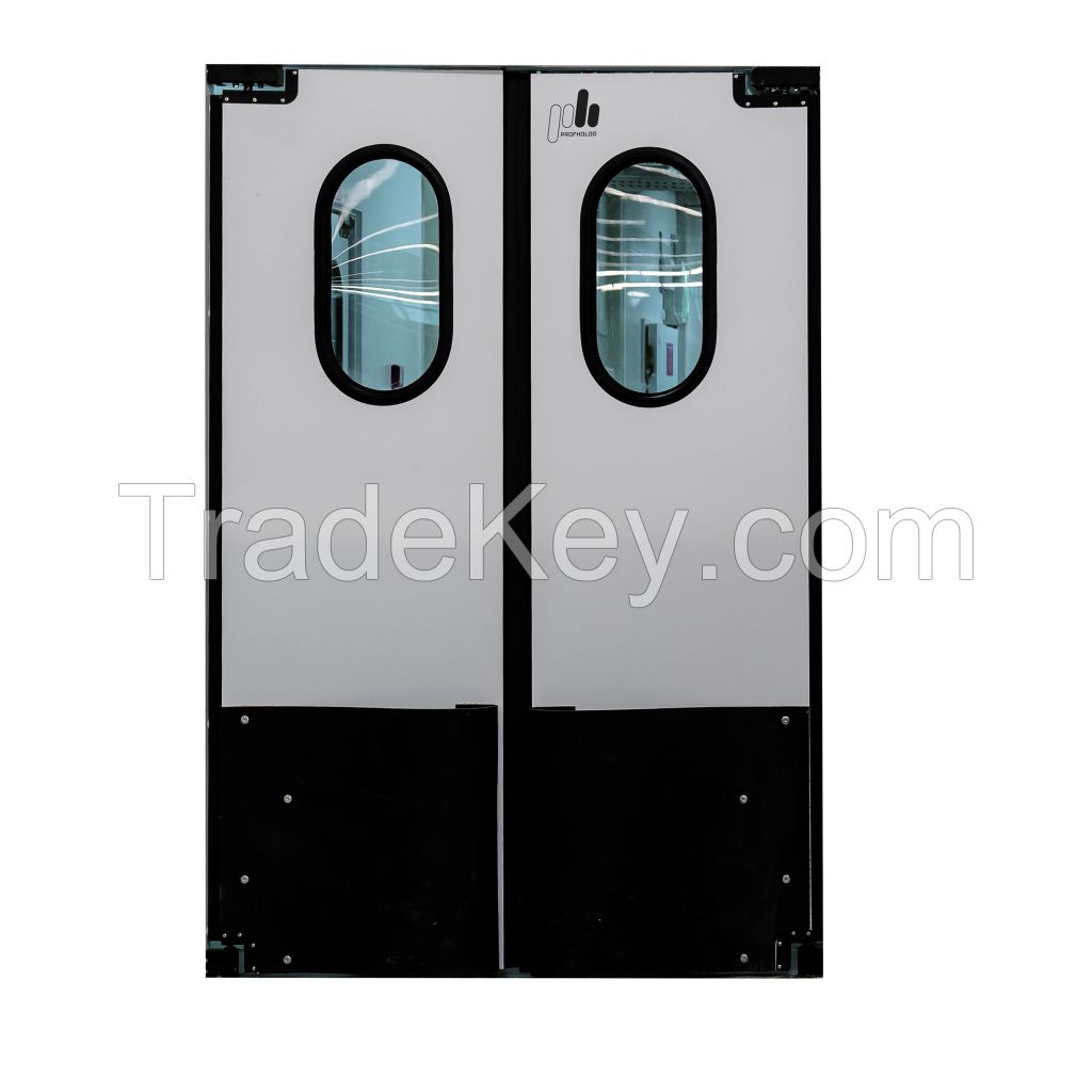 Traffic swinging double leaf door