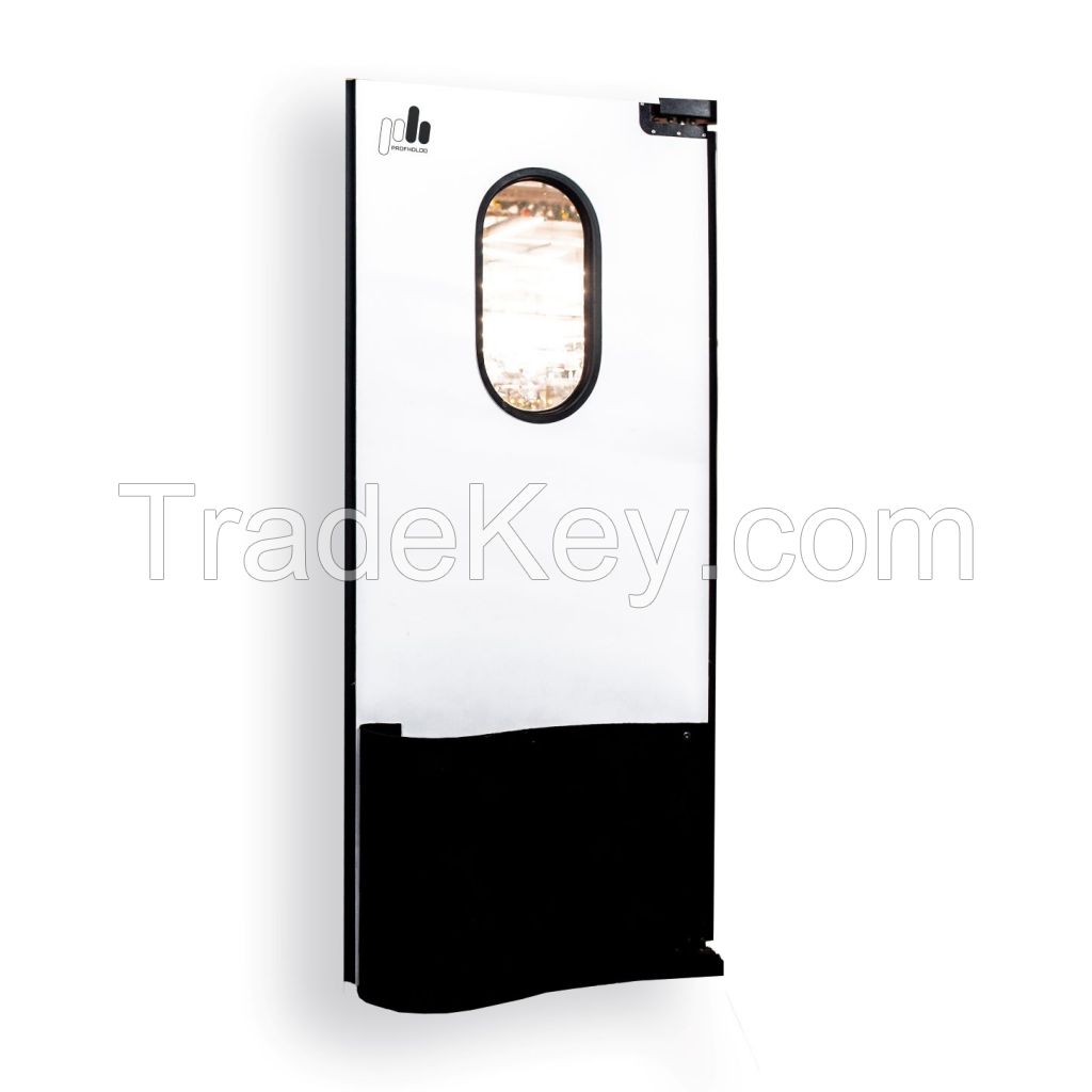 Traffic swinging single leaf door