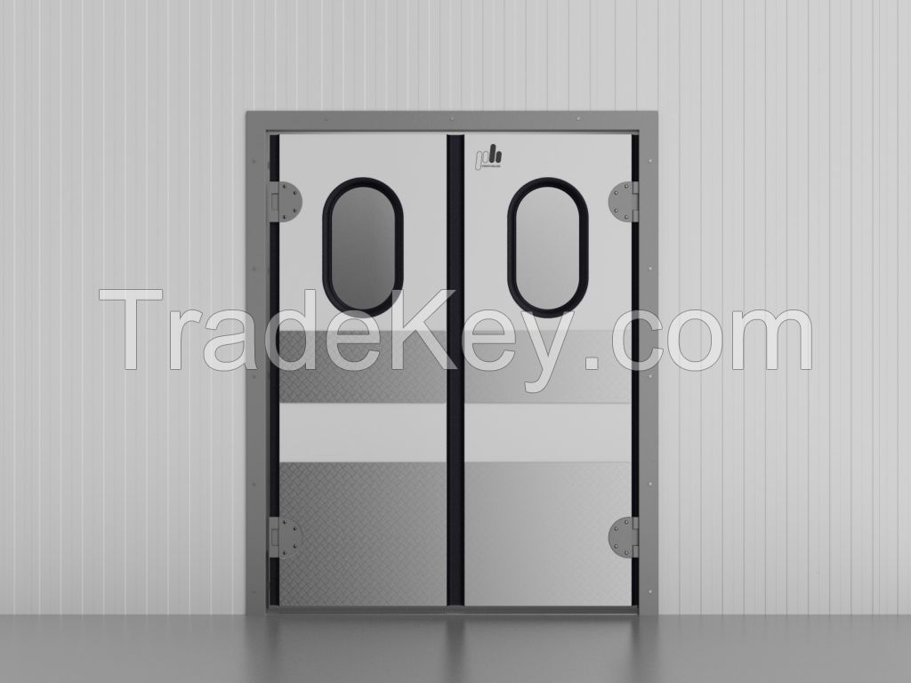 Traffic swinging double leaf door