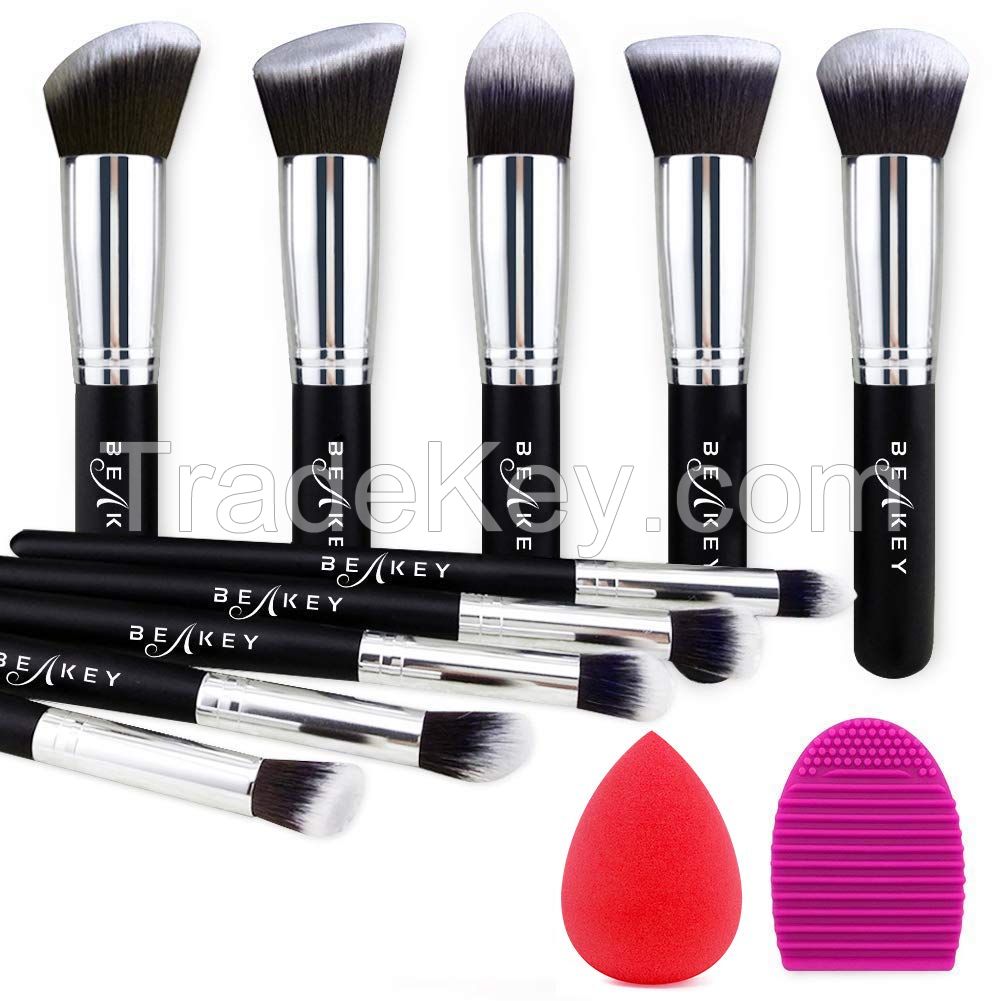 BEAKEY Makeup Brush Set, Premium Synthetic Kabuki Foundation Face Powder Blush Eyeshadow Brushes Makeup Brush Kit with Blender Sponge and Brush Cleaner (10+2pcs, Black/Silver)