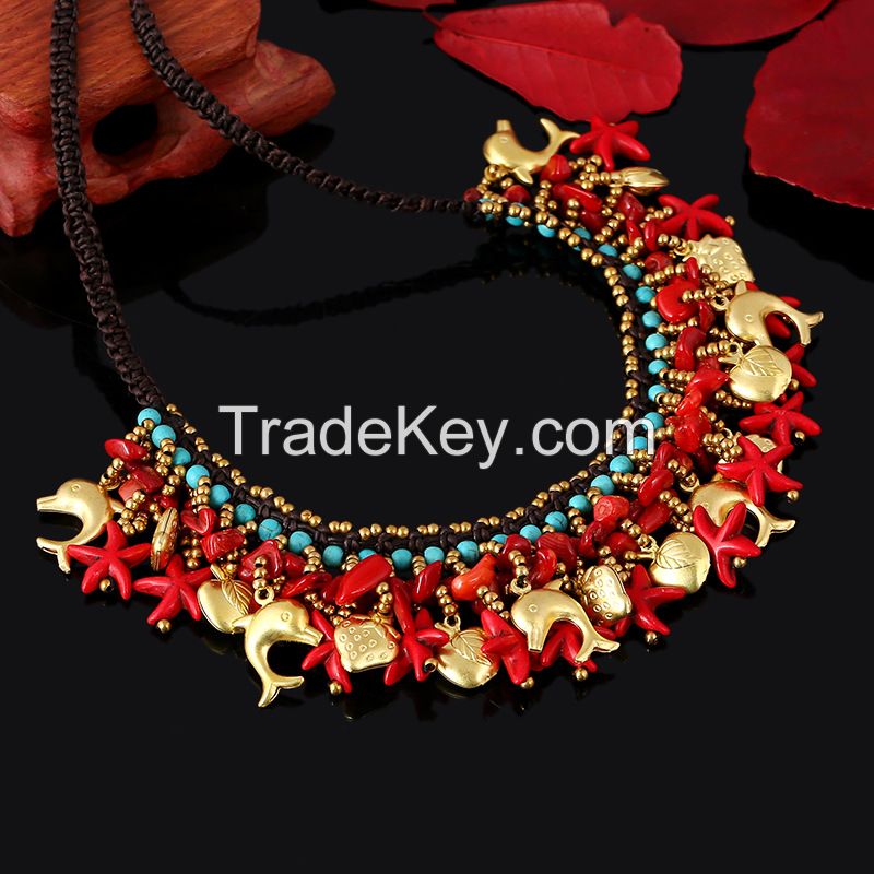 Traditional boho style turquoise flower necklace - MCX034