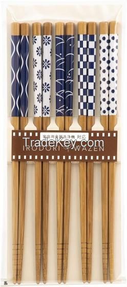 Non Slip Chopsticks Made of Bamboo Japanese Traditional Pattern 22.5cm 5 PCS Set Made in Japan