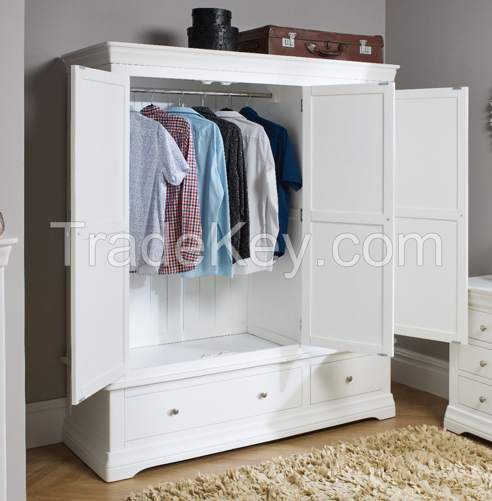 Double Wardrobe With Drawers, Acacia Solid Wood Painter White Color