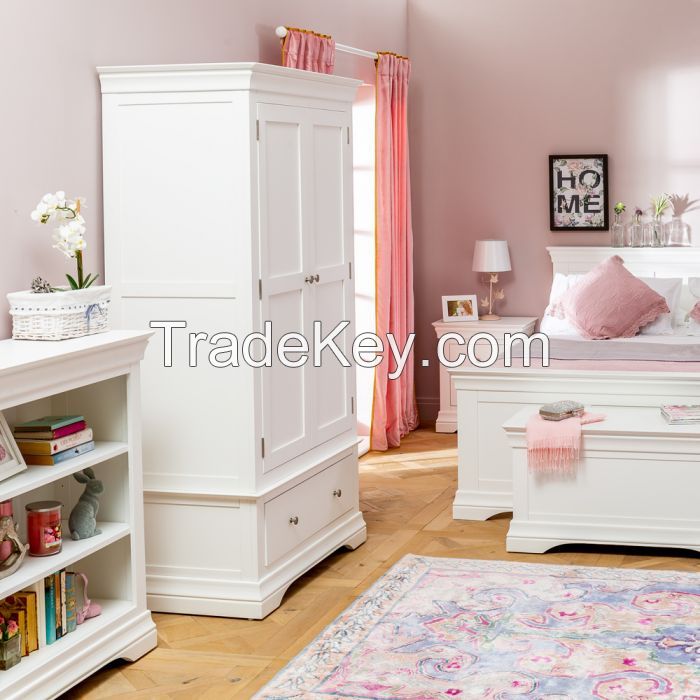 Double Wardrobe With Drawers, Acacia Solid Wood Painter White Color