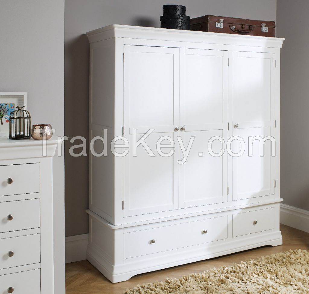 Double Wardrobe With Drawers, Acacia Solid Wood Painter White Color