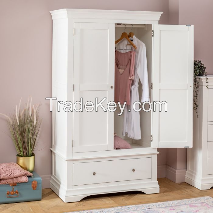 Double Wardrobe With Drawers, Acacia Solid Wood Painter White Color