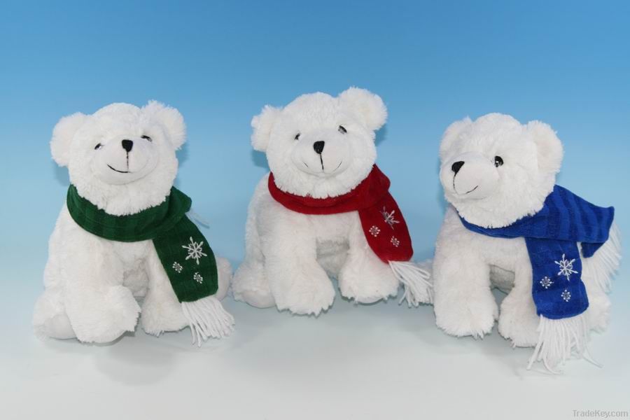 8" Plush white polar bear with red scarf