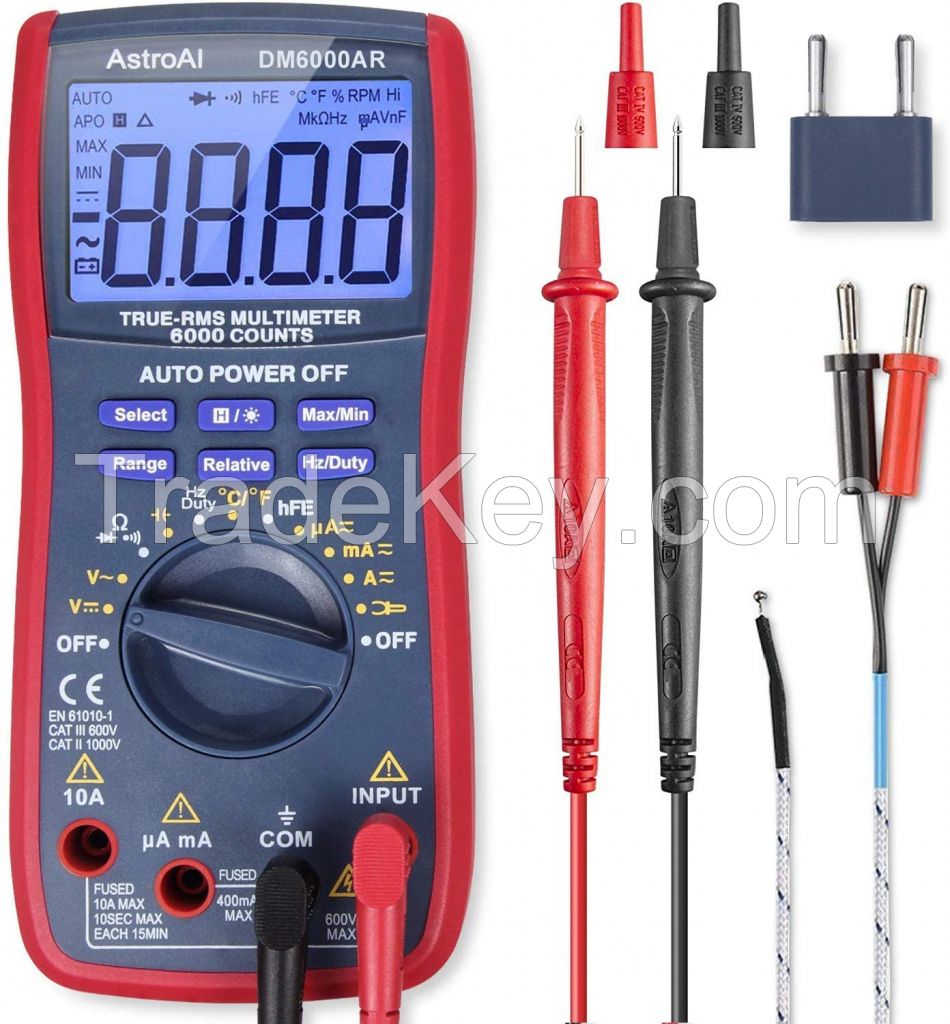 Astroai Digital Multimeter, Trms 6000 Counts Volt Meter Manual And Auto Ranging; Measures Voltage Tester, Current, Resistance, Continuity, Frequency; Tests Diodes, Transistors, Temperature, Red